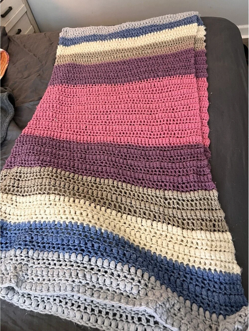 Vintage Hand Knit Afghan Throw Blanket Earth Tones Striped, 56 X 44 Inch